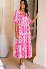 Virginia EcoVero™ Midi Dress | Ikat Pink/White