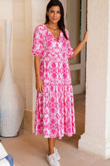 Virginia EcoVero™ Midi Dress | Ikat Pink/White