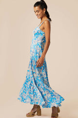Aurelia Satin Dress | Lined Floral Turquoise/Cream