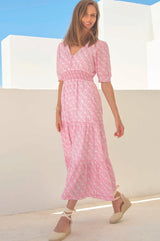 Billie Short Sleeve Dress | White/Pink