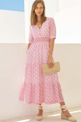 Billie Short Sleeve Dress | White/Pink