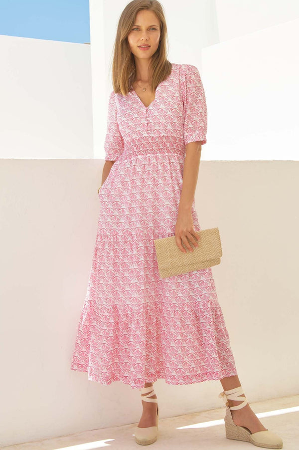 Billie Short Sleeve Dress | White/Pink