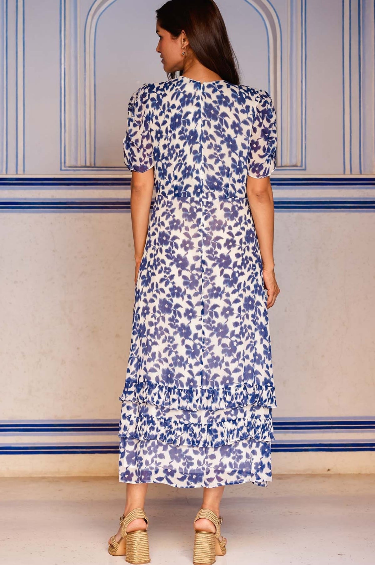 Aspiga Ladies Sustainable Ellery Summer Holiday Wedding Guest Evening Dress  Floral Printed Cream White Navy Blue