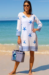 Guadalupe Short Organic Cotton Tunic | Starfish White/Cobalt