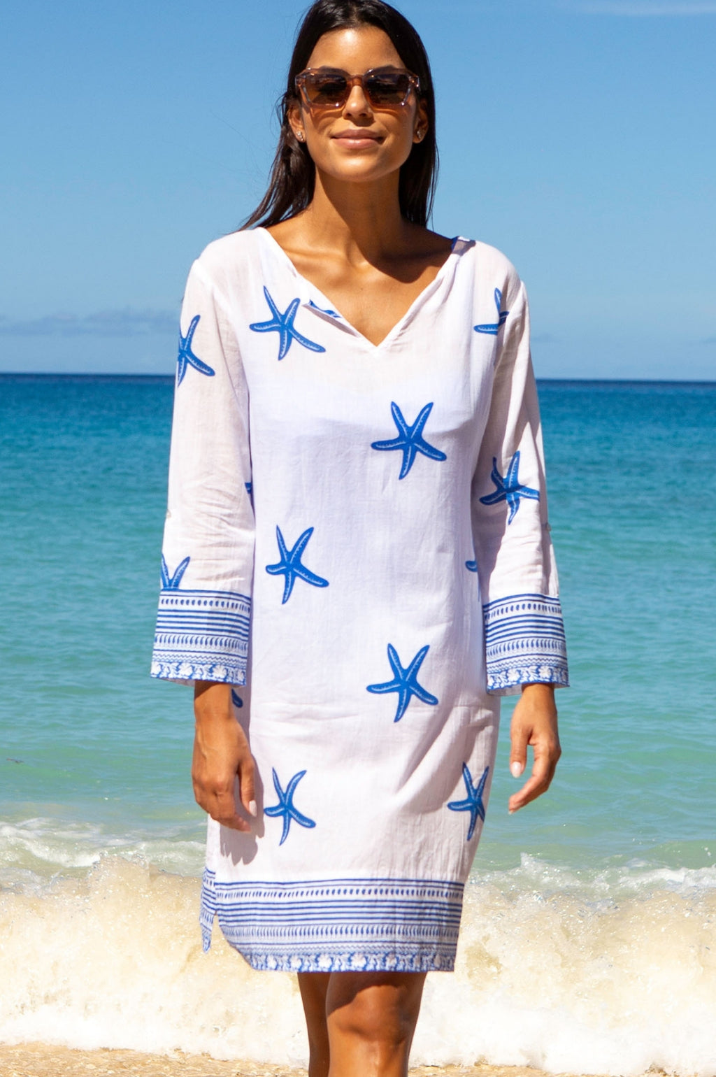 Guadalupe Short Organic Cotton Tunic Starfish White Cobalt