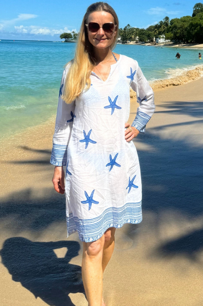 Aspiga Ladies Sustainable Guadalupe Short Organic Cotton Tunic Dress Summer Holiday Beach Cover Up Starfish White Cobalt Aspiga Ladies Sustainable Guadalupe Short Organic Cotton Tunic Dress Summer Holiday Beach Cover Up Starfish White Cobalt