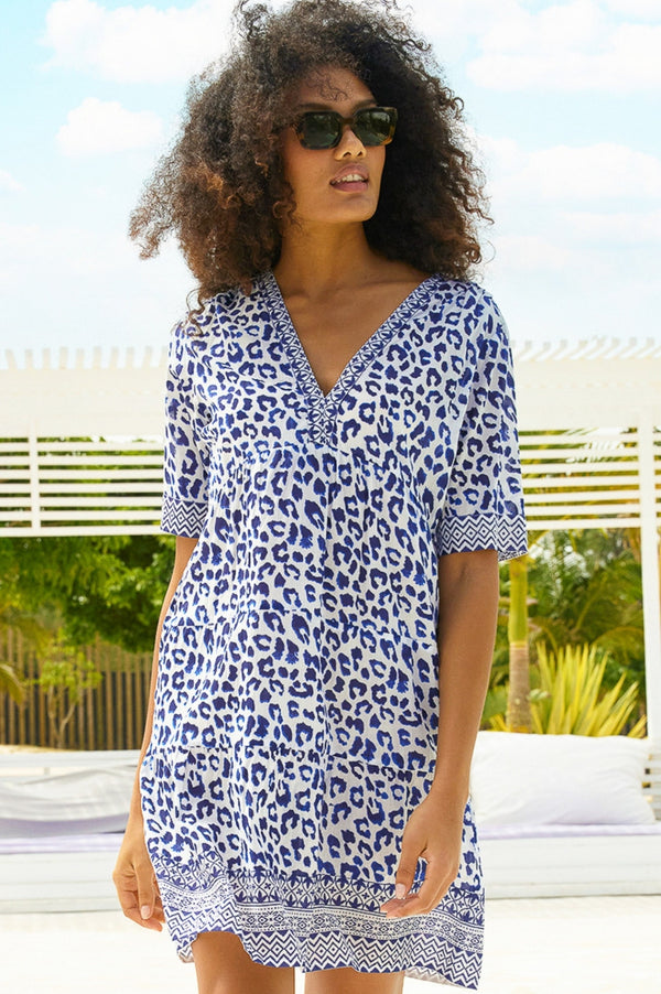 Santorini Kaftan | Soft Cheetah White/Navy