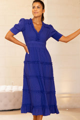 Viola Short Sleeve Organic Cotton Dobby Dress | Cobalt