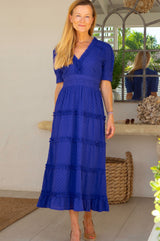 Viola Short Sleeve Organic Cotton Dobby Dress | Cobalt