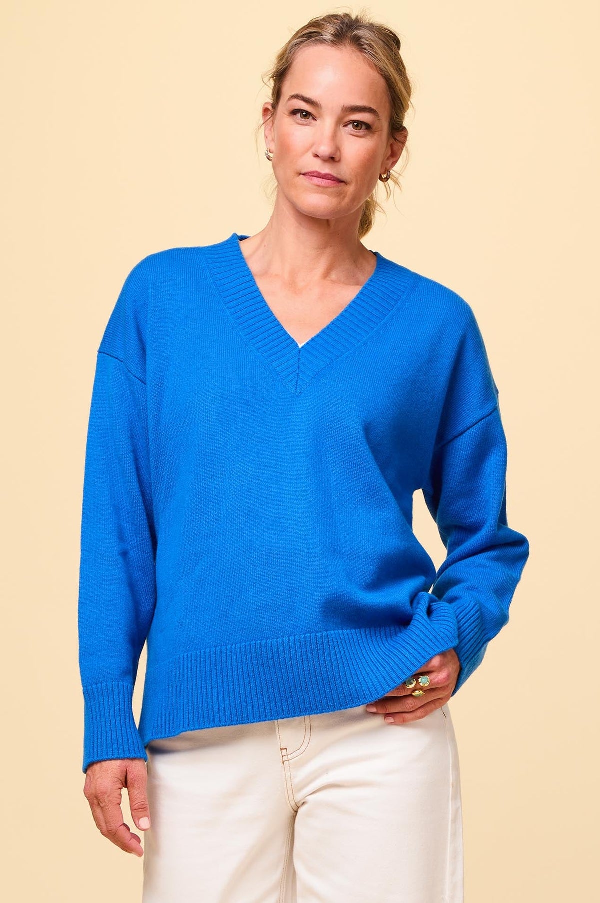 Aspiga Ladies Sustainable Relaxed V Neck Knitted Wool Jumper Blue