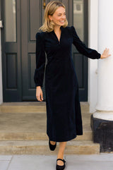 Stretch Corduroy Zip Front Dress | Deep Navy