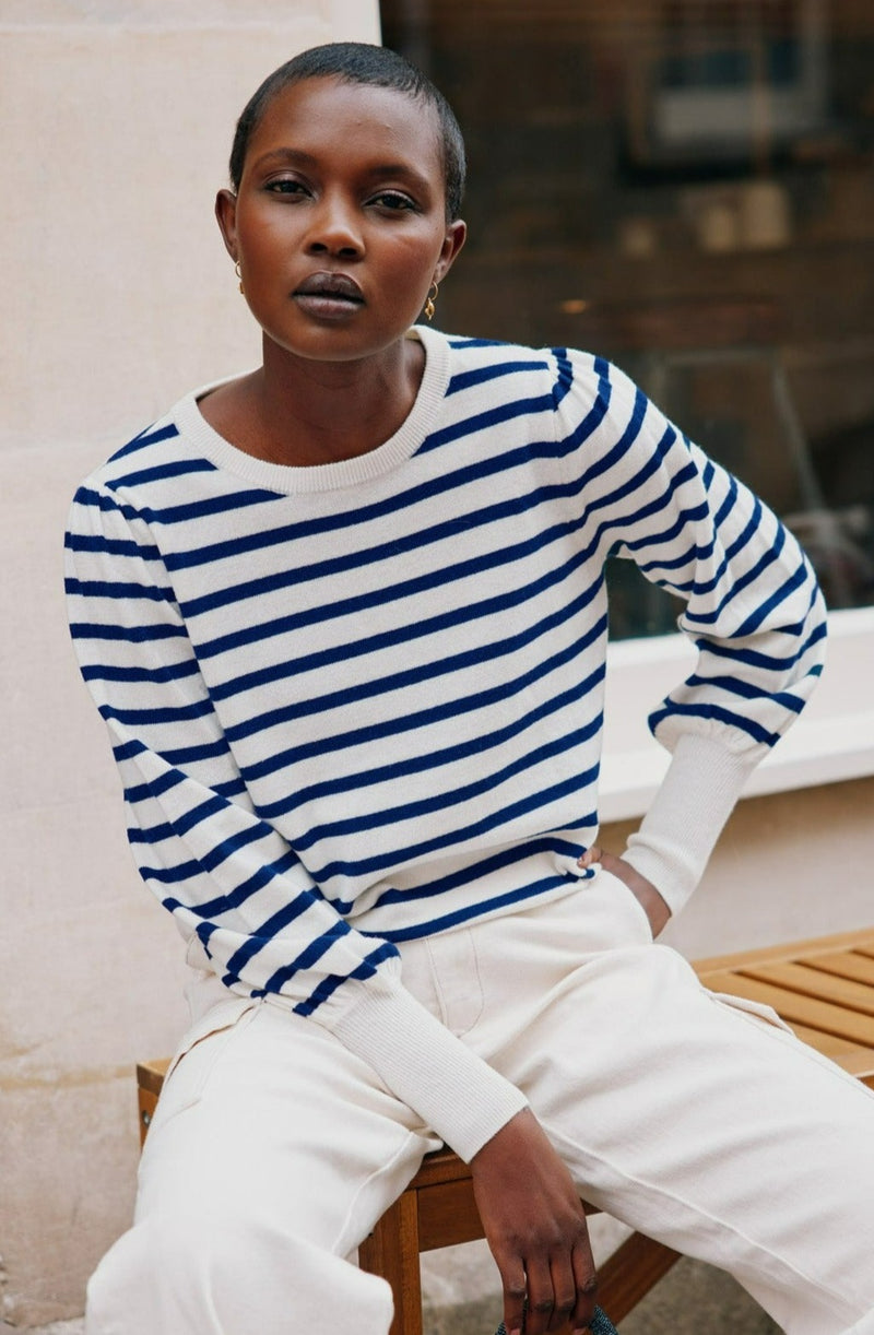 Striped Crew Neck Merino Jumper | Cream/Navy