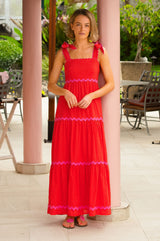 Tabitha Organic Cotton Dobby Ric Rac Dress | Red/Pink
