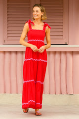 Tabitha Organic Cotton Dobby Ric Rac Dress | Red/Pink