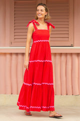 Tabitha Organic Cotton Dobby Ric Rac Dress | Red/Pink