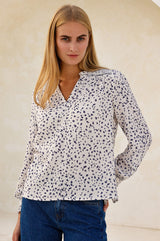 Printed Smocked Organic Cotton Cheesecloth Blouse | Ecru/Navy