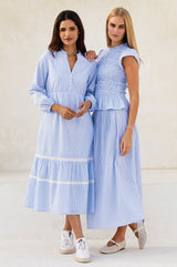 Tilly Organic Cotton Smocked Stripe Dobby Blouse | Blue/White