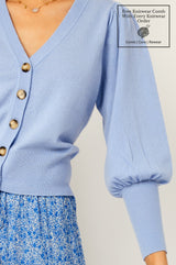 Merino Cashmere V Neck Puff Sleeve Cardigan | Cornflower Blue