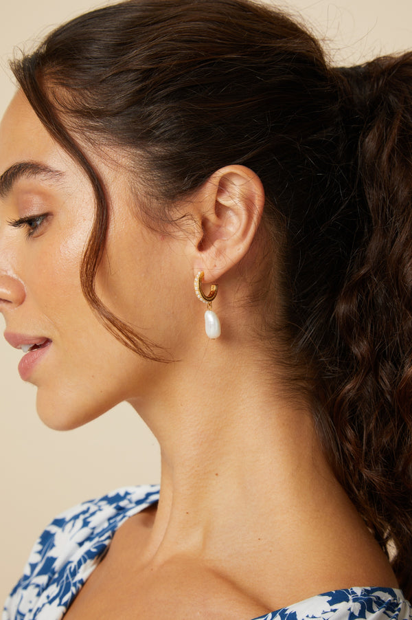 Pearl Drop Hoop Earrings | Gold