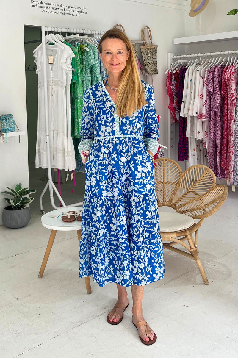 Hayden Block Print Dress | Japanese Cobalt
