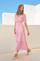Billie Short Sleeve Dress | White/Pink