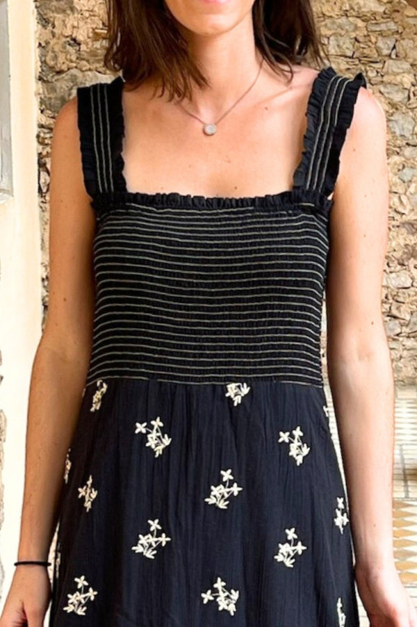 Rhianna Embroidered Dress | Black/Sand