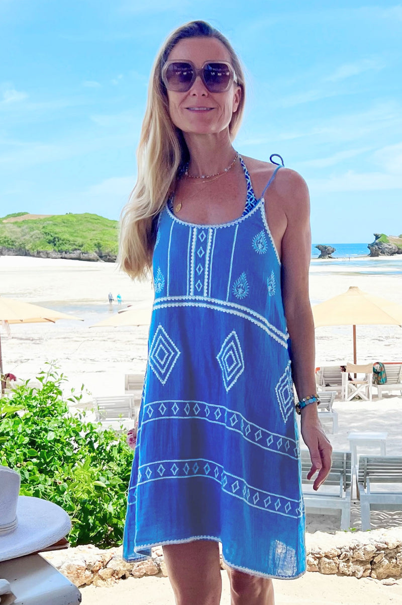 Aspiga Ladies Sustainable Imogen Tie Tassel Strap Dress Organic Cotton Summer Holiday Mini Blue Embroidered White Aspiga Ladies Sustainable Imogen Tie Tassel Strap Dress Organic Cotton Summer Holiday Mini Blue Embroidered White