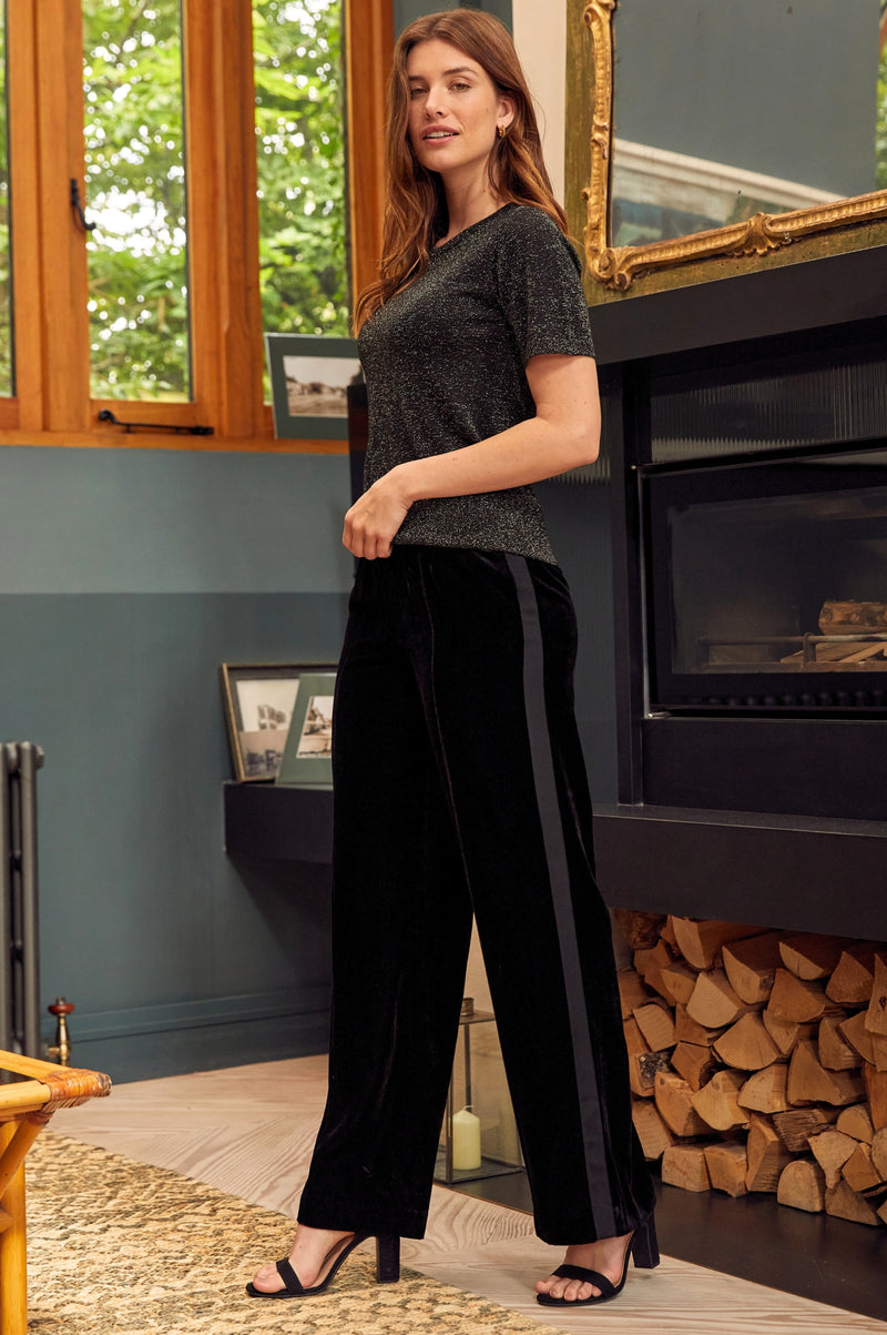 Velvet Side Stripe Trousers Black