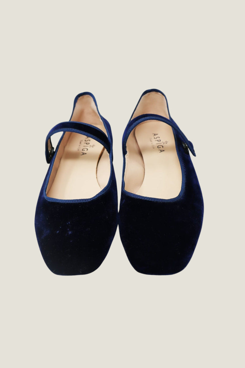 Aspiga Ladies Ethical Velvet Mary Jane Ballet Shoes Navy Desk to