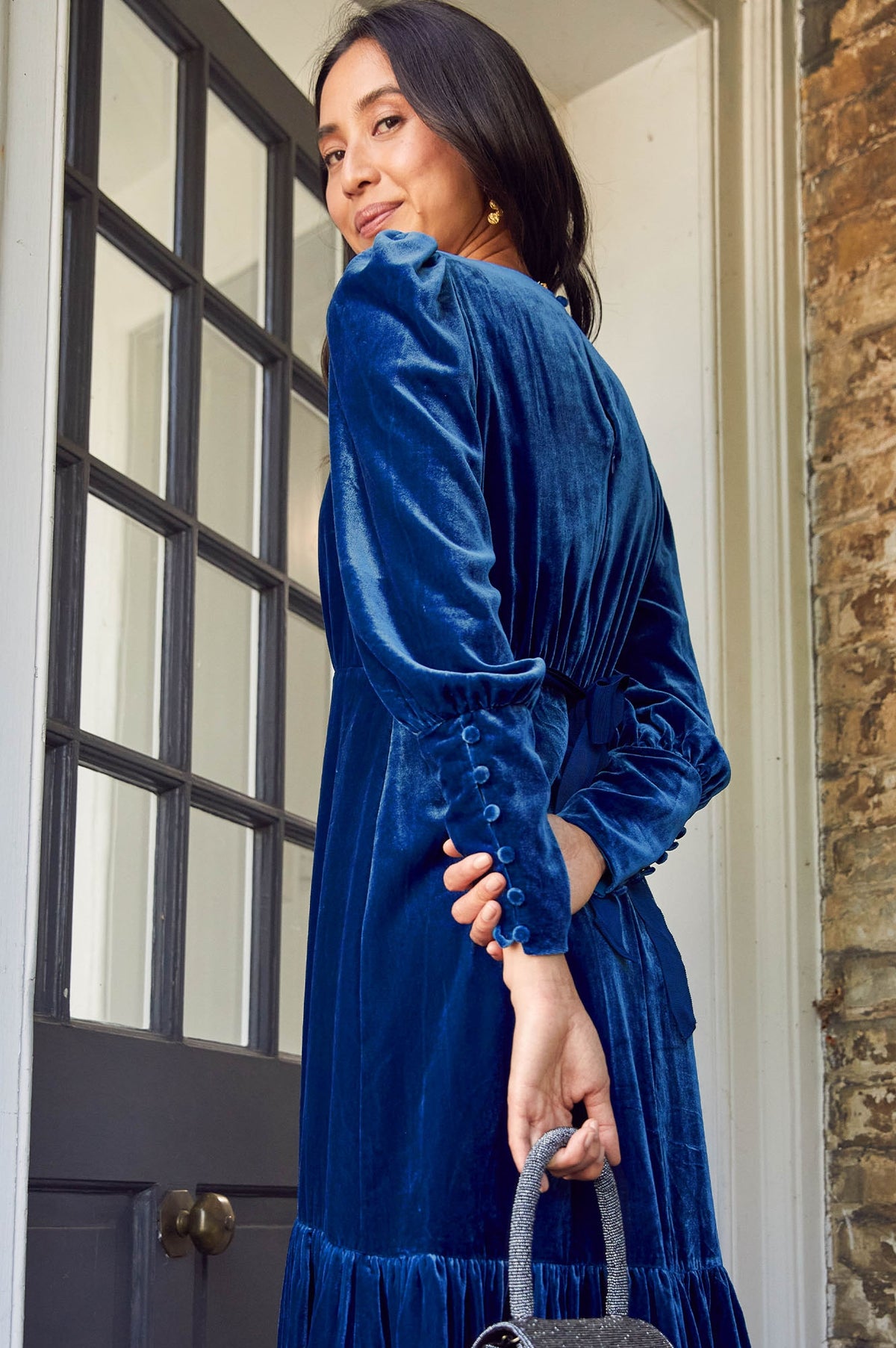 sapphire blue velvet dress Aspiga Ladies Sustainable Esmee Winter Wedding Color:Blush Ombre