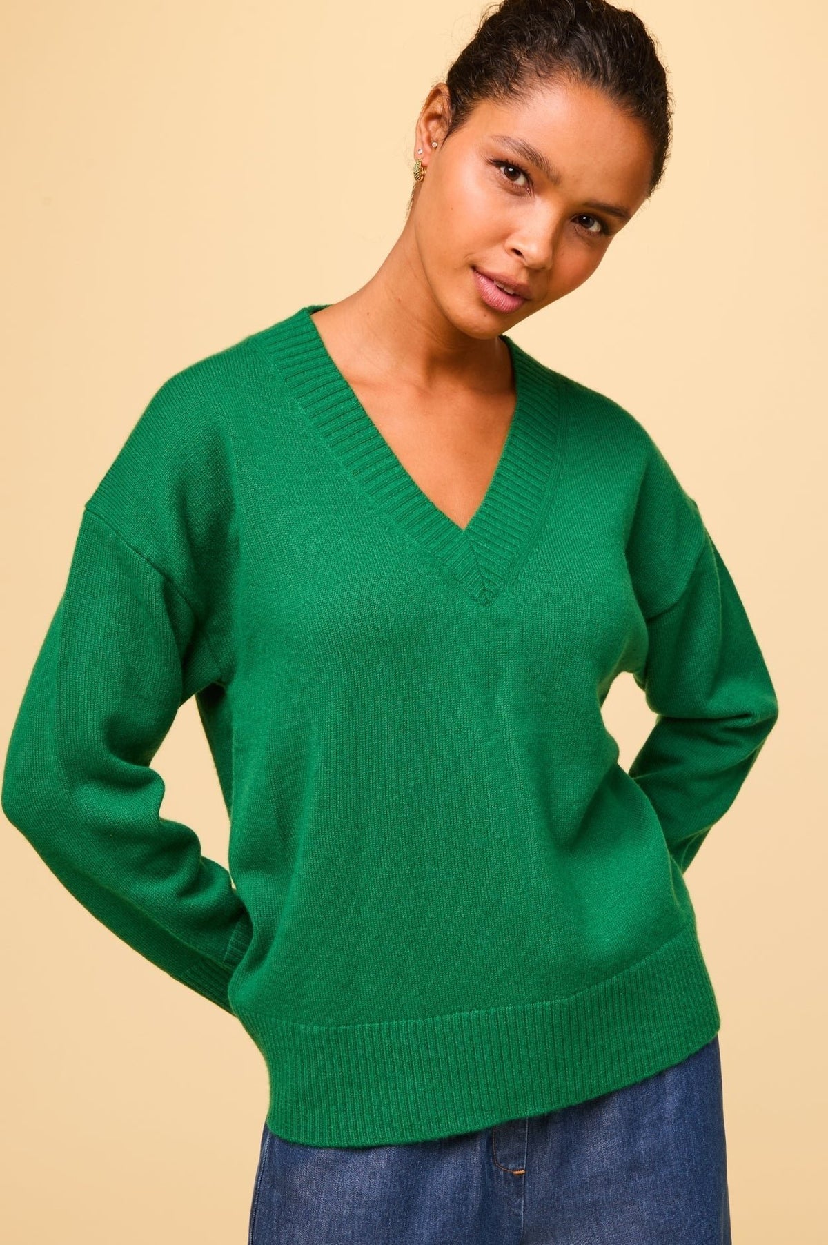 Merino Wool Relaxed V-Neck Jumper Fern
