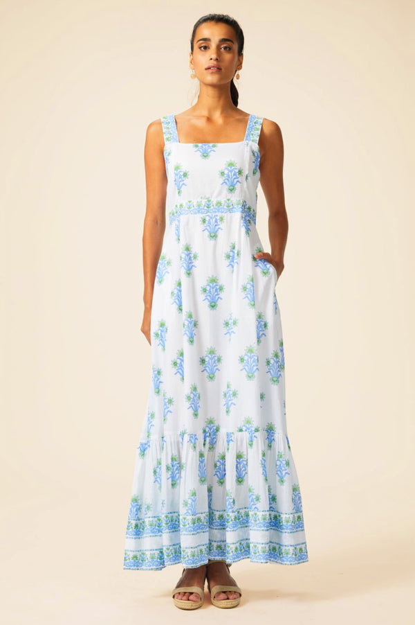 Aurelia Block Print Dress | Wild Flower Buta White/Blue