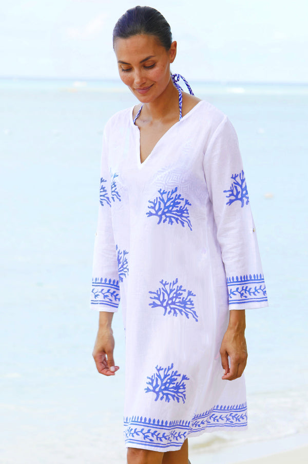 Guadalupe Short Tunic | White/Cobalt Blue