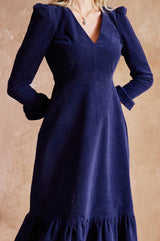 Victoria V-Neck Long Sleeve Stretch Corduroy Dress | Atlantic Blue
