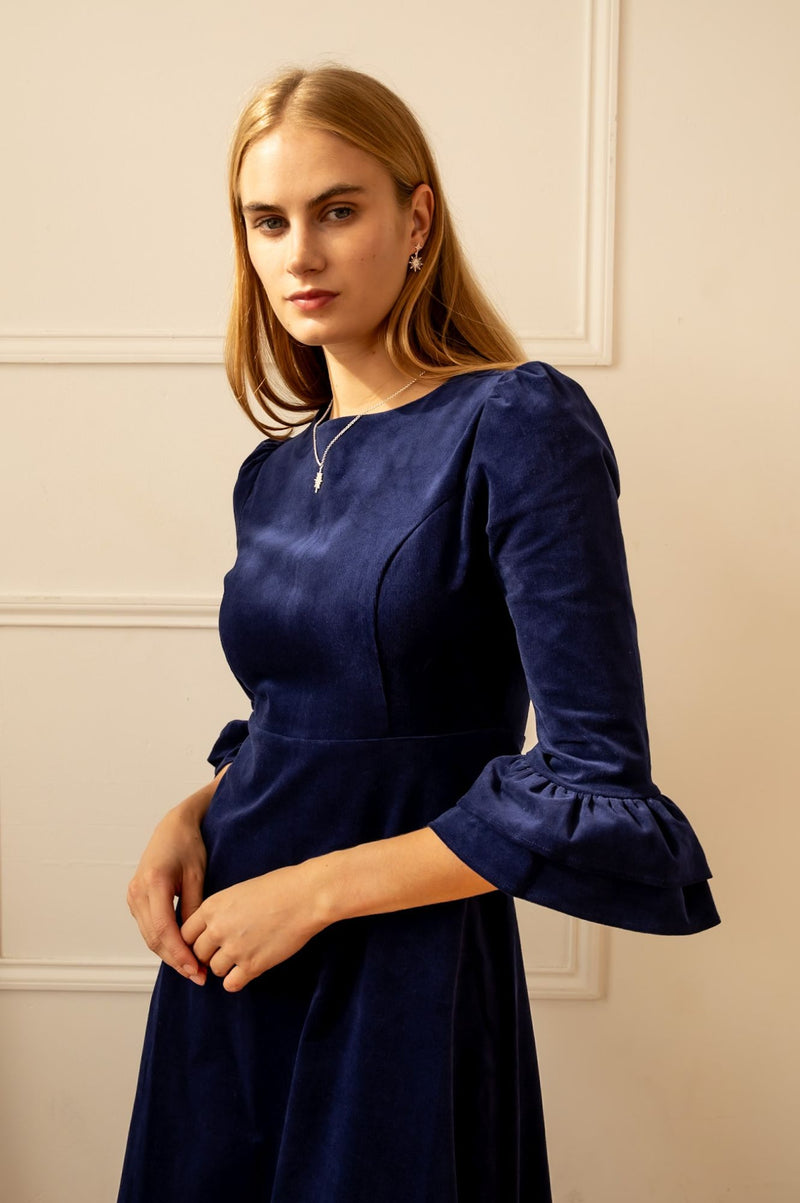Aspiga Ladies Sustainable Victoria Round Neck 3/4 Sleeve Stretch Corduroy  Cotton Winter Wedding Guest Evening Dress Atlantic Blue