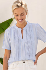 Vienna Cotton Short Sleeve Blouse | Sky Blue