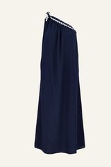 One Shoulder Cotton Dobby Ric Rac Dress | Navy/Ivory