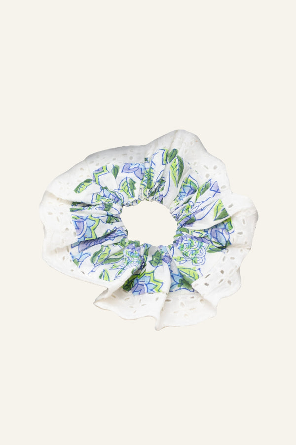 Block Print Lace Trim Scrunchie | Blue Green