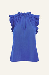 APPROVED * Frill Sleeve Organic Cotton Cheesecloth Top | Cobalt - Aspiga