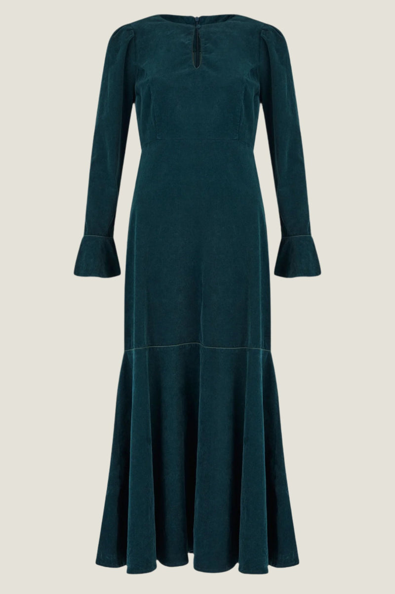 Paloma Round Neck Long Sleeve Stretch Corduroy Dress | Bottle Green