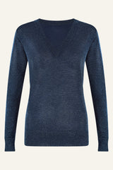 Metallic Knit V-Neck Jumper | Navy