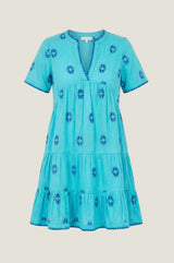 India Embroidered Organic Cotton Dress | Turquoise/Cobalt - Aspiga