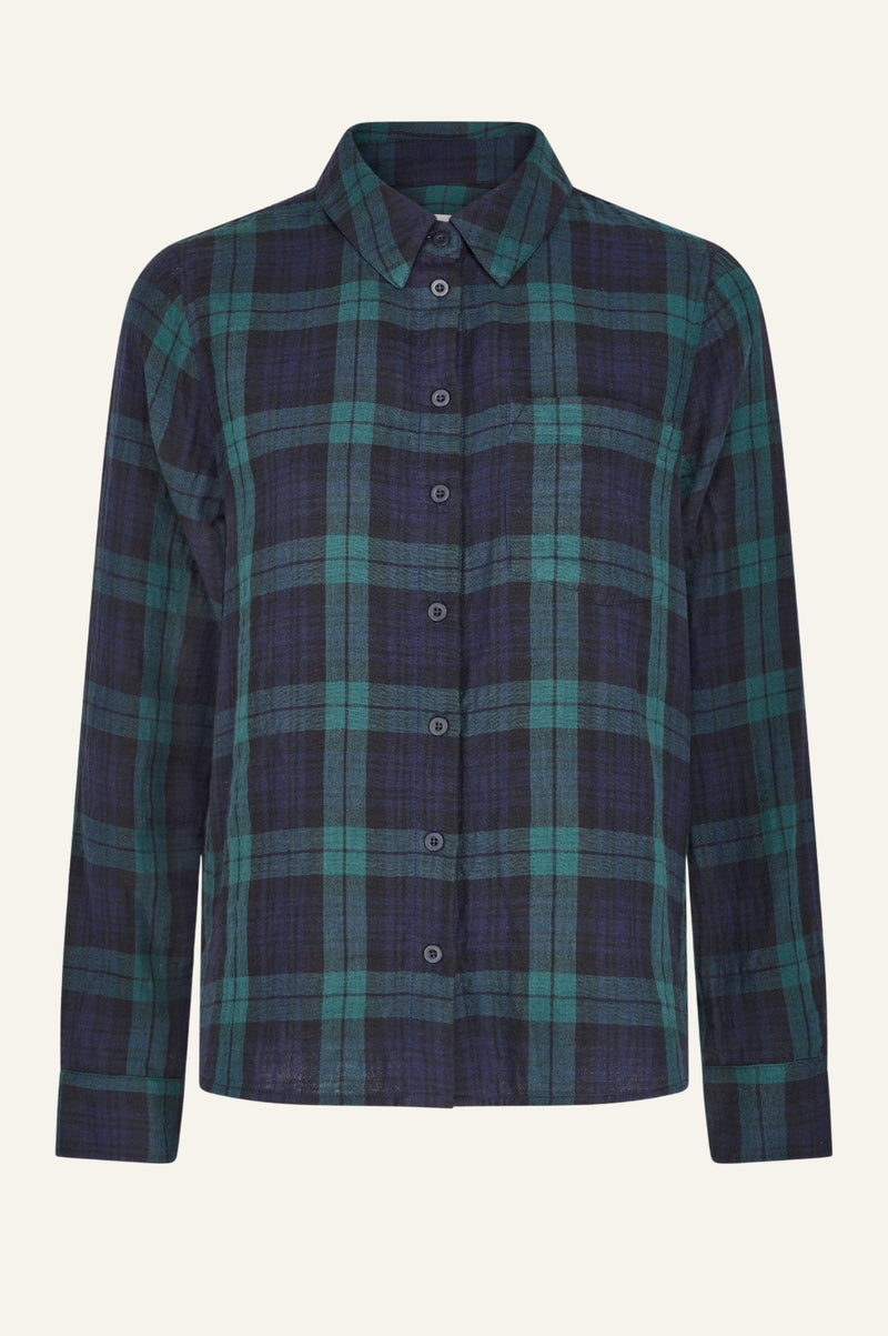 Mel Checked Double Cloth Organic Cotton Shirt | Navy/Green