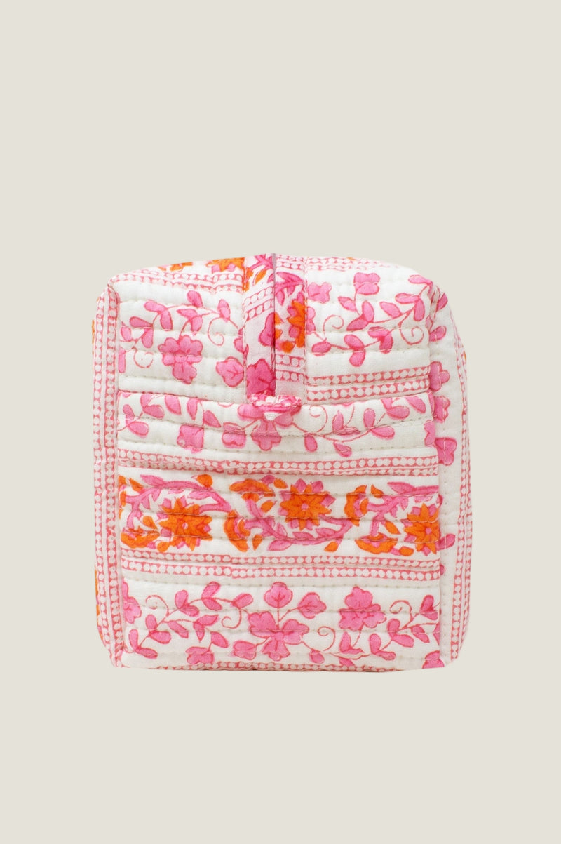 Large Block Print Wash Bag | Linear Botanical Orange/Pink