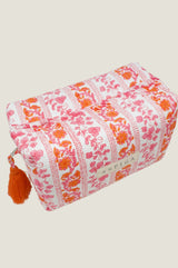 Large Block Print Wash Bag | Linear Botanical Orange/Pink