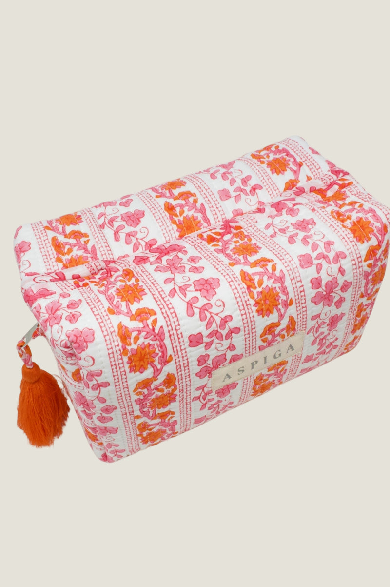 Large Block Print Wash Bag | Linear Botanical Orange/Pink