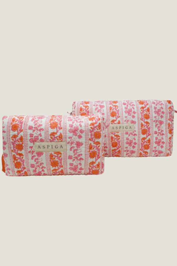 Large Block Print Wash Bag | Linear Botanical Orange/Pink