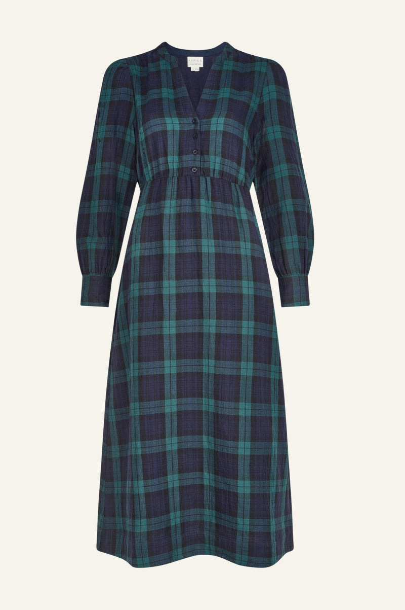 Harper Checked Double Cloth Organic Cotton Dress | Navy/Green
