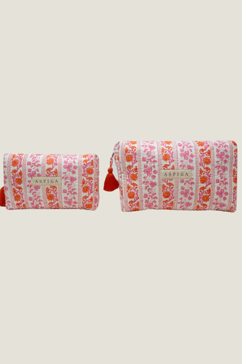 Large Block Print Wash Bag | Linear Botanical Orange/Pink