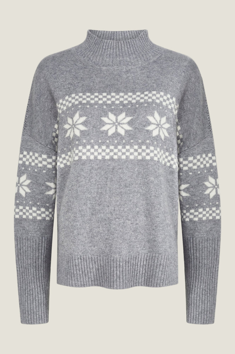Cashmere Blend Fairisle Funnel Neck Jumper  | Grey/Cream
